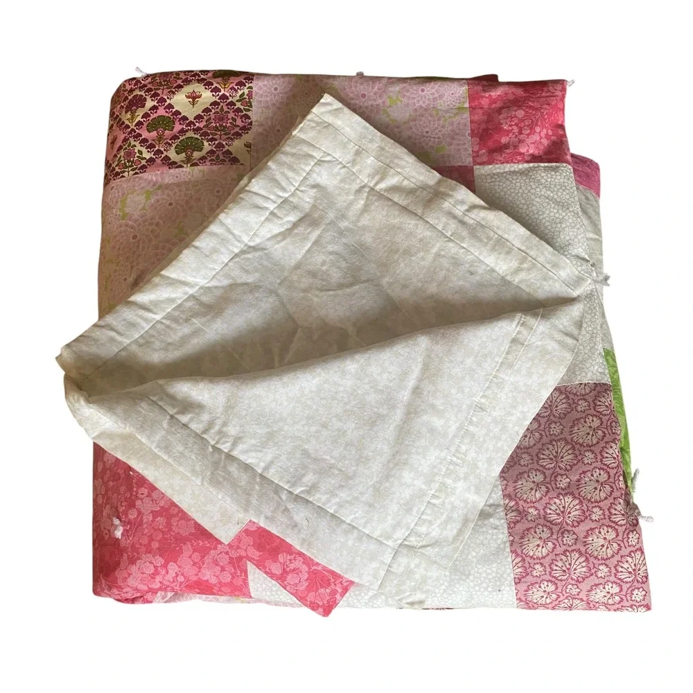 Handmade Patchwork Quilt Pink Green Floral Damask Tied Bedding Cottagecore King